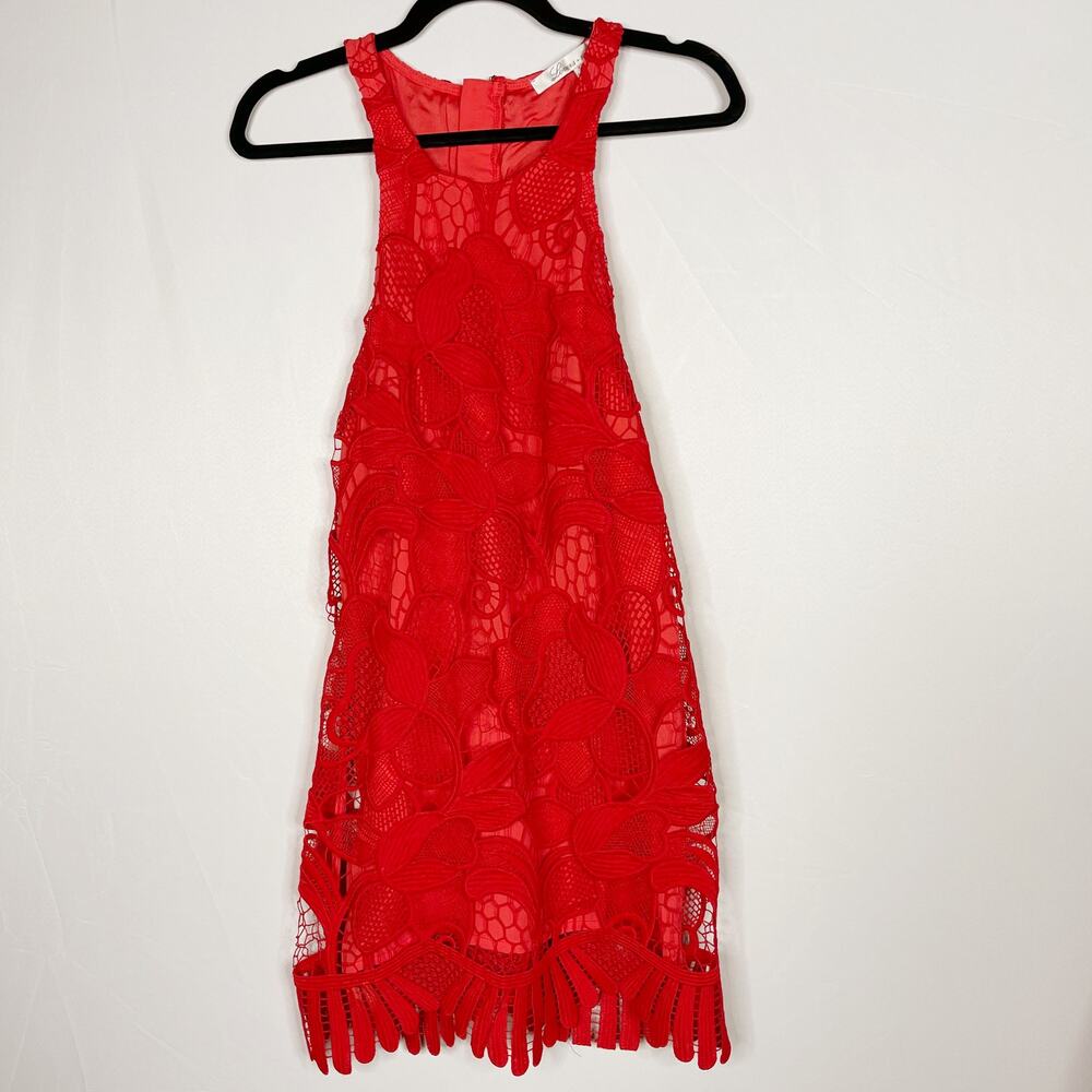 Lovers + Friends Small S Lace Mini Dress Red Cocktail Party Crew Neck Back Zip